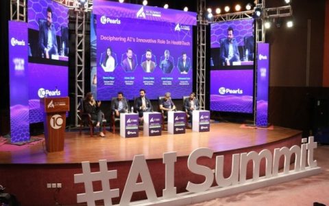 panelists pictured on stage during a session called deciphering ai s innovative role in healthtech at ai summit held as part of itcn asia at the lahore expo centre 2024 photo express