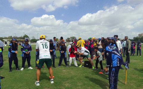 girls practicing with the australia over 40 world cup players at the australian high commission sponsored girls cup tournament at the national stadium photo natasha raheel